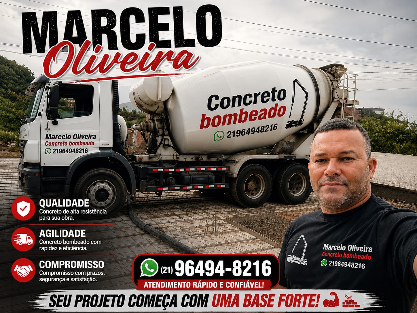 Marcelo Oliveira ao lado do caminhão de concreto bombeado em uma obra